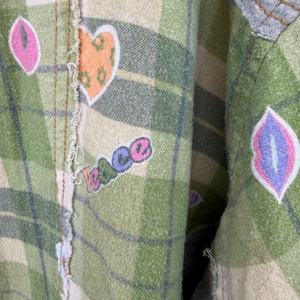 Urban Outfitters Out From Under green patchwork button-up shirt shacket jacket S - Picture 15 of 16